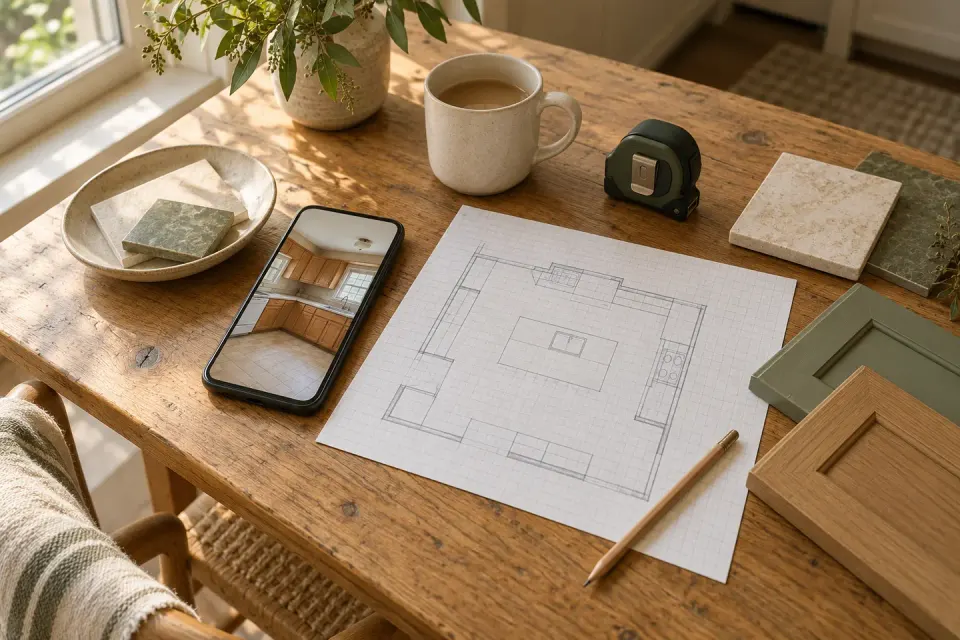 A pencil sketch of a deck on graph paper, a tape measure and a phone on a dining table, with an open backyard lawn outside the window