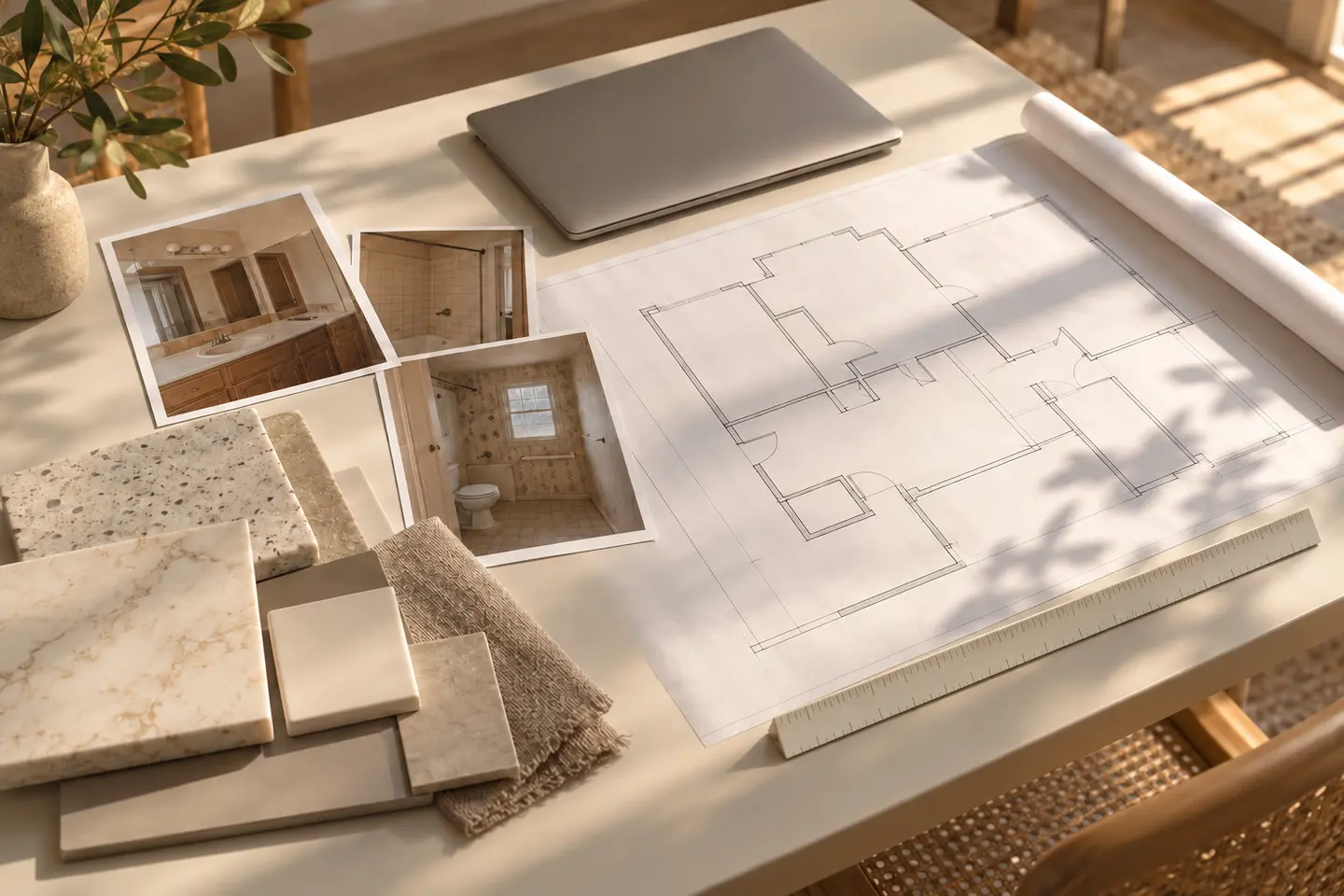 A contractor's desk with a printed backyard photo, a pencil deck sketch, decking samples and a closed laptop