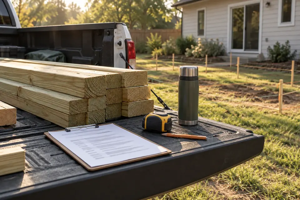 A pickup truck tailgate with pressure-treated lumber, a materials list on a clipboard, a tape measure and a thermos, beside a backyard staked out for an addition