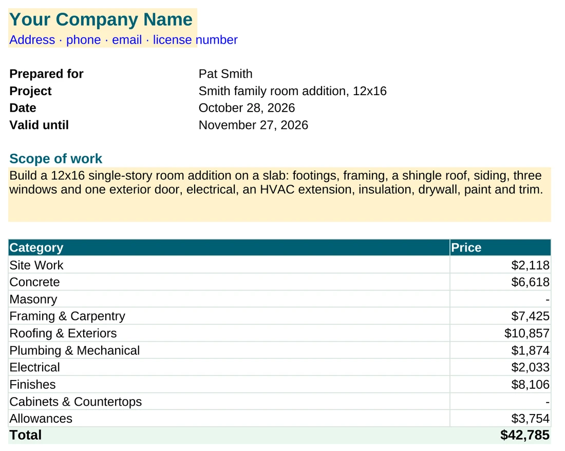The Quote tab of the template, showing scope of work and category prices for the example room addition
