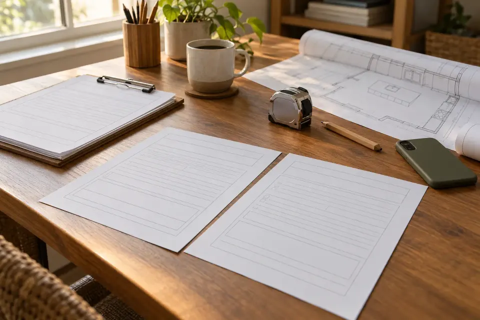 Two intake forms set aside from a stack on a remodeler’s desk, beside a tape measure and rolled kitchen plans