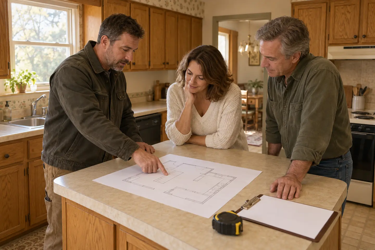 A remodeling contractor reviews a floor plan with a homeowner couple at their kitchen island
