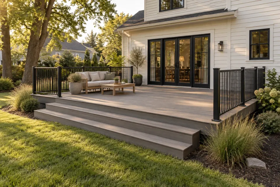 Illustrative concept of a composite deck with black railings behind a residential home