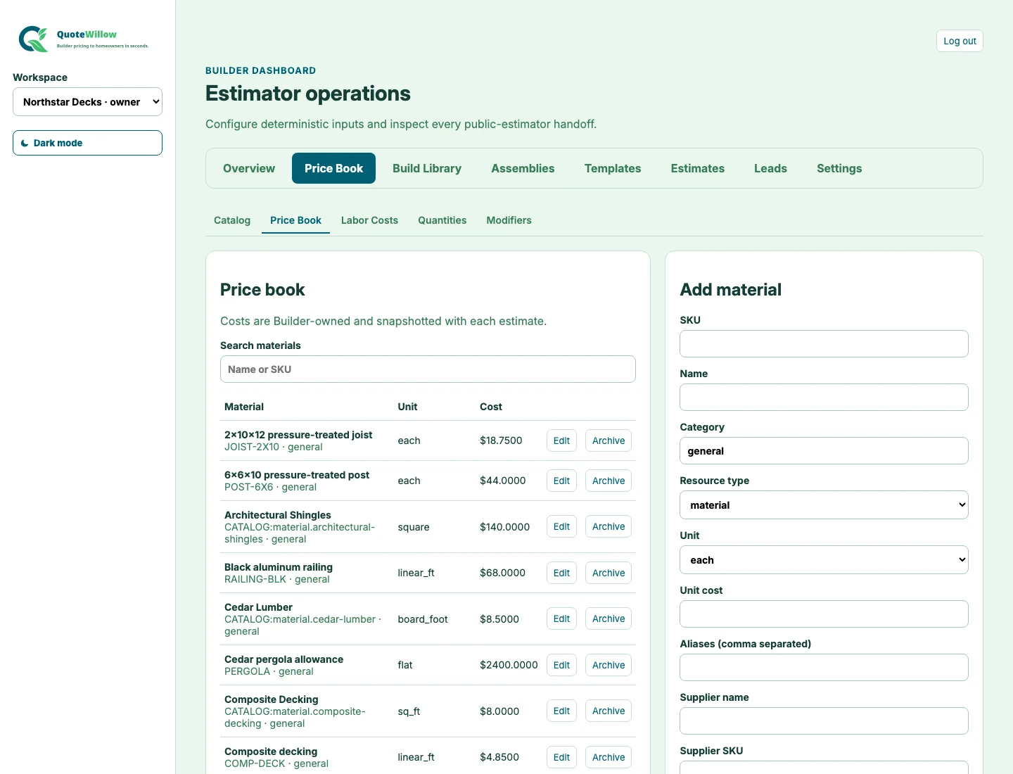 QuoteWillow Price Book with builder-owned material costs and configuration
