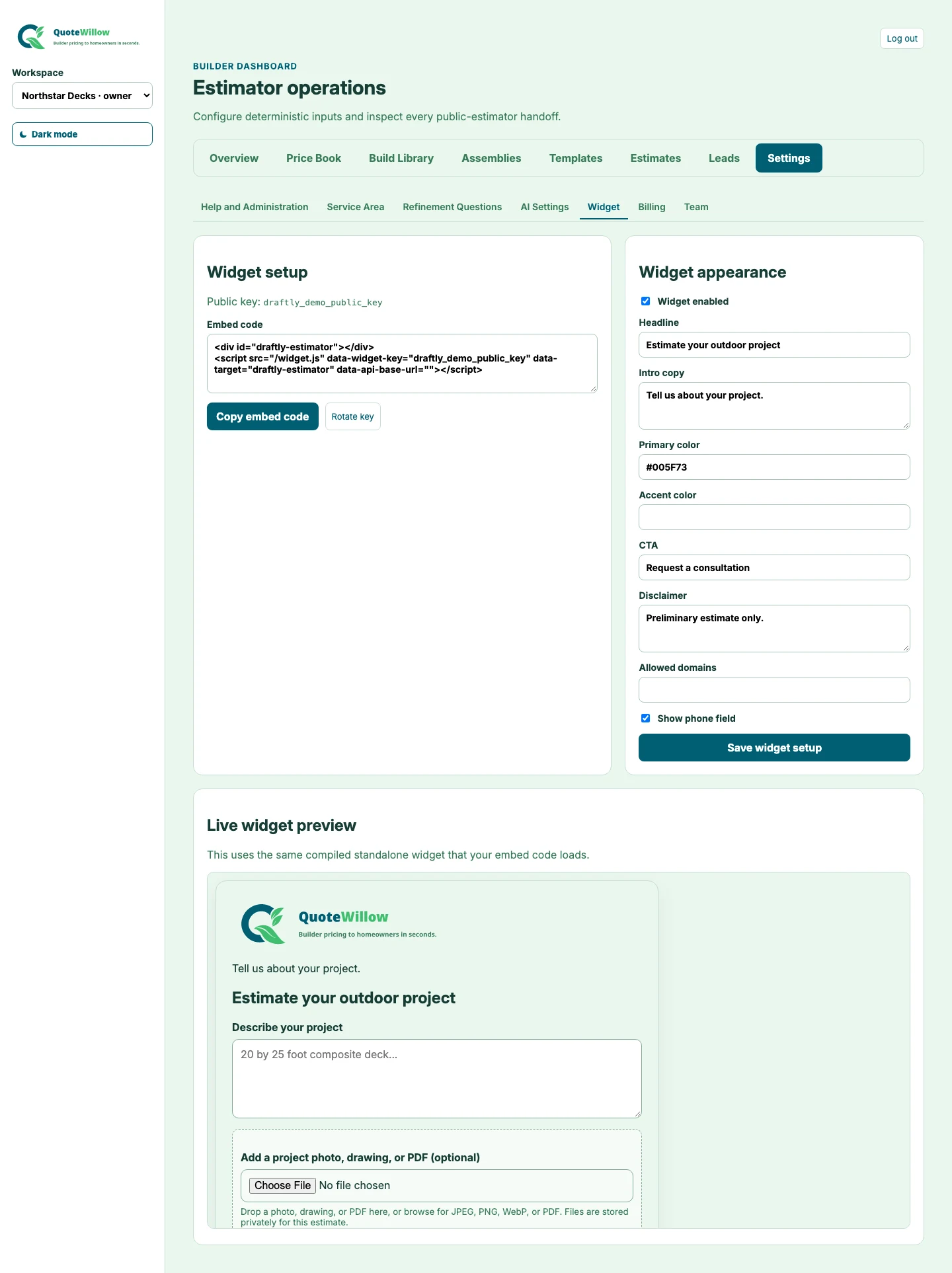 Actual QuoteWillow widget settings and embed configuration